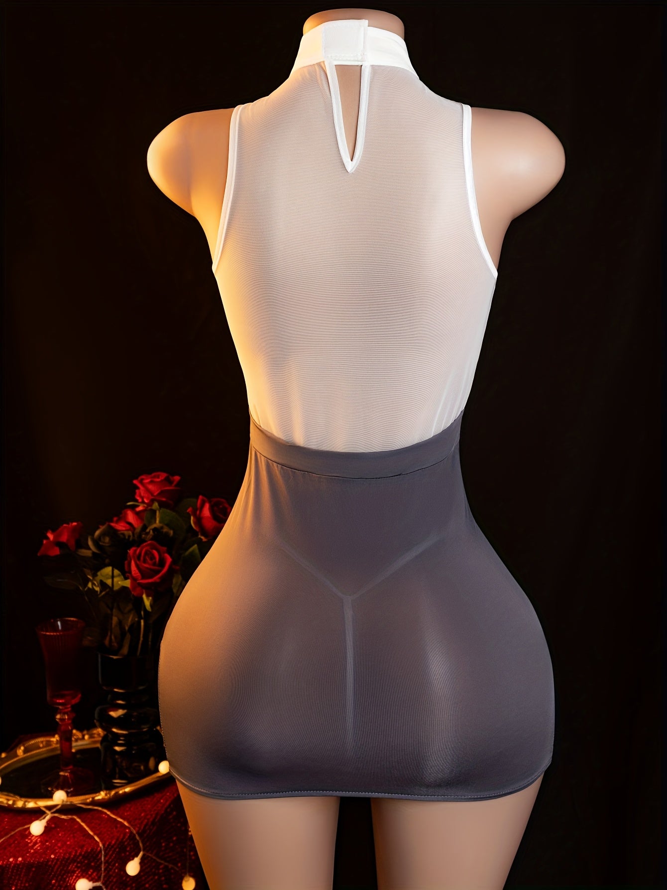 New sexy see-through pure desire secretary outfit with lace bag hip skirt and body suit uniform seduction suit for dating, nightgown dress for bed without taking off, pure uniform suit, including: hip bag skirt + T pants